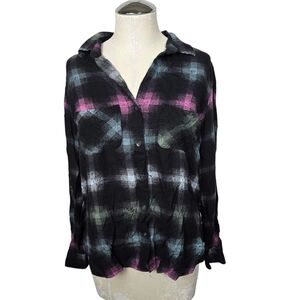 Rock & Republic Plaid Black Pink Button Down Long Tab Sleeves Top M